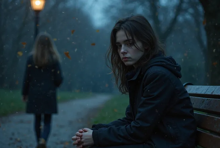 A young man with a melancholic expression and low gaze is sitting alone on a park bench during the night, illuminated by the faint light of a lantern. She wears dark clothes and her hands are intertwined, transmitting nervousness.  In the background, sligh...