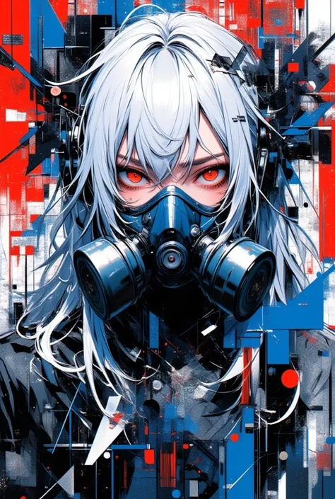 vibrant colors, blue and grey colors, colorful disruptive background, masterpiece, japanese woman wearing gas mask with detailed red eyes, long white messy hair, 