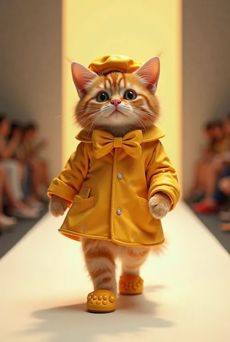 (photorealism:1.2), cute ginger cat, wear cheese clothes, walking on runway