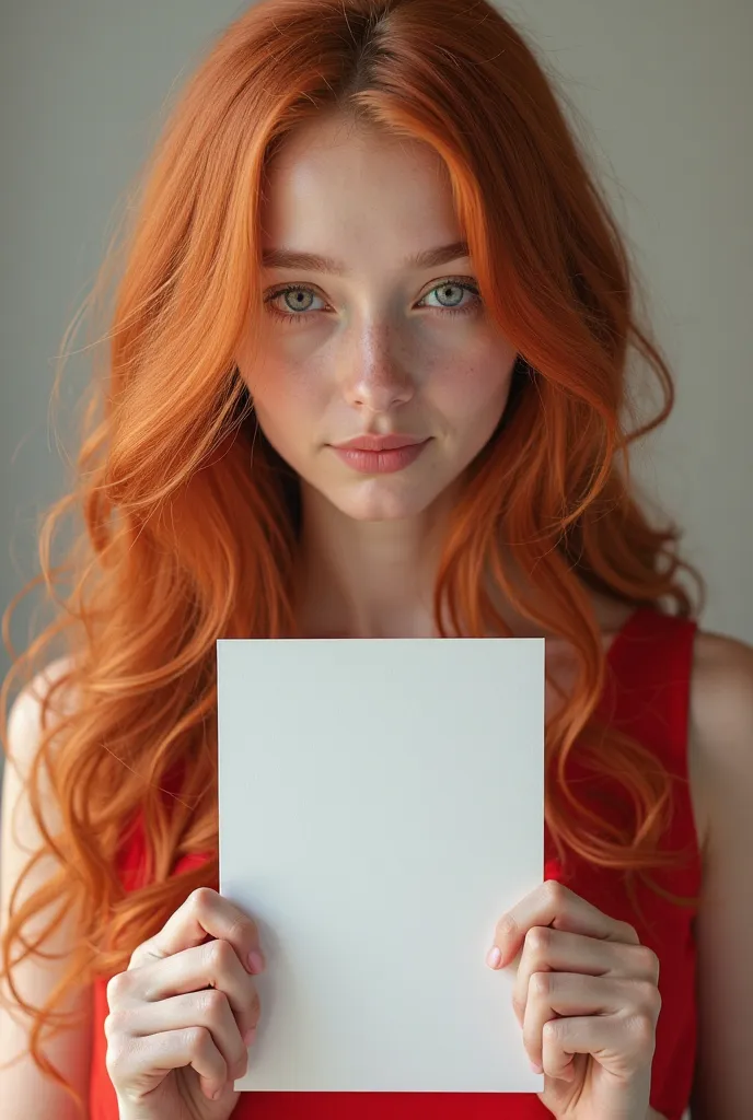 Beautiful AI-created girl with long wavy,  dressed in red , hair holding a white board without text and showing it to the viewer