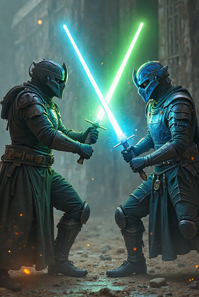 two people, one using a green light sabre with a suit, And the other a bright blue sword with iron armor with blue details 