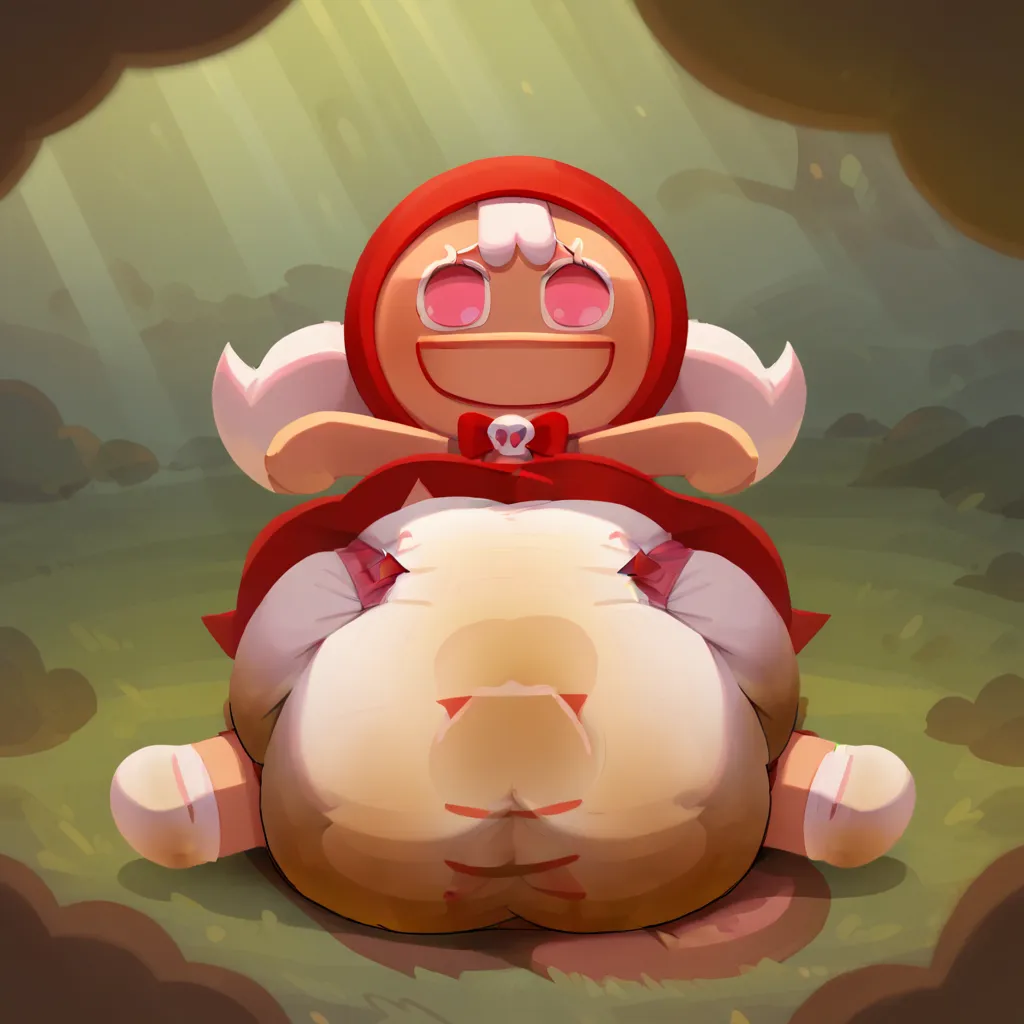 score_9_up, score_8_up, BREAK, CherryCookieRun, 1girl, solo, white hair, pink eyes, red hood, sleeveless dress, red dress, chibi, upper body, forest, smile, big hips, big diaper, messy diaper, enormous saggy bulging diaper, diaper keeps getting bigger and ...