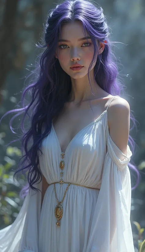 Daughter of a Draconate and an Elf,  dark purple hair, white medieval dress,  Long loose sleeves 