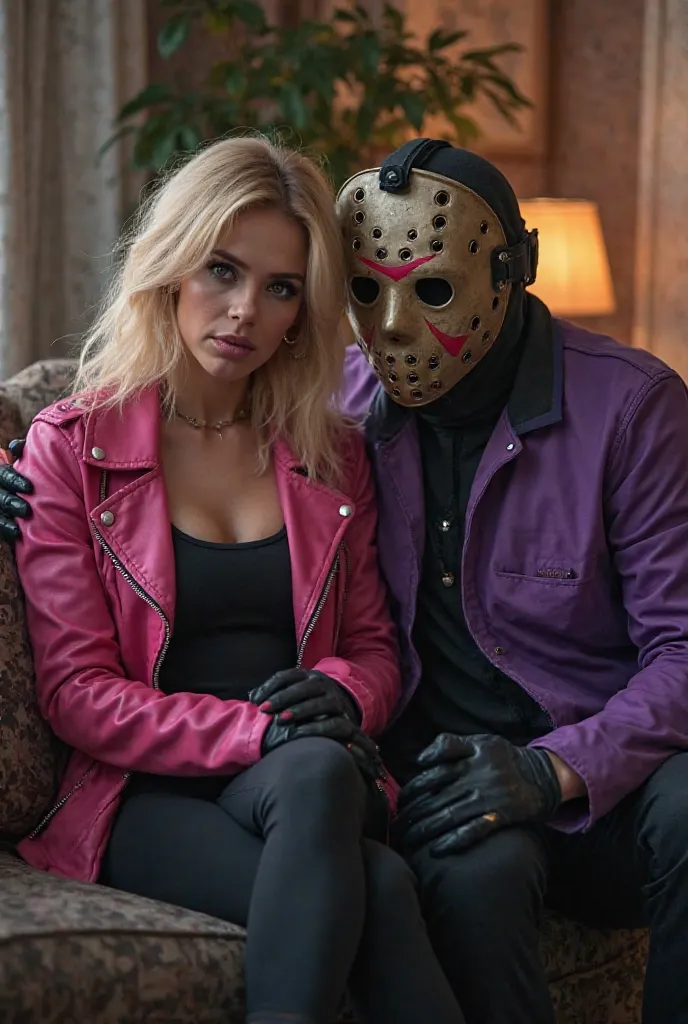 Female Ghostface wearing pink leather jacket black tank top black yoga pants black gloves block hair sitting on couch with female Jason voorhees wear purple leather jacket black gloves black yoga pants blonde hair 