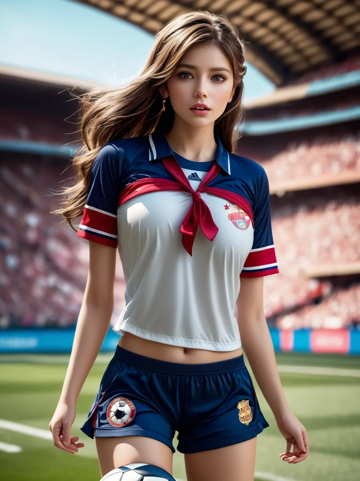 cinematographic masterpiece, absurd high resolution extremely detailed,( RAW photo:1.2), (Photorealistic:1.4),(intricate details:1.2),
efectos cinematográficos, wallpaper,megapixel, highres,intricate details,flap of hair,8K,
1 girl,
(  soccer uniform , soc...