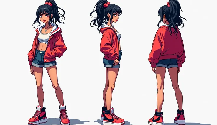 A full body length character sheet image with three distinct views: front, side and rear, a sexy female hip hop Singer , urban style that likes rap and it shows in her clothing, her while her wide Nike sneakers from the 90&#39;s stand out, high quality and...