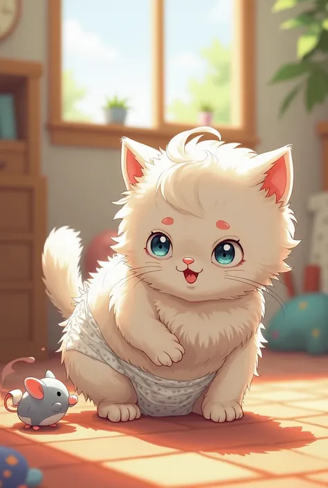 Make a furry age white cat with a diaper playing with a toy mouse (Japanese cartoon style)