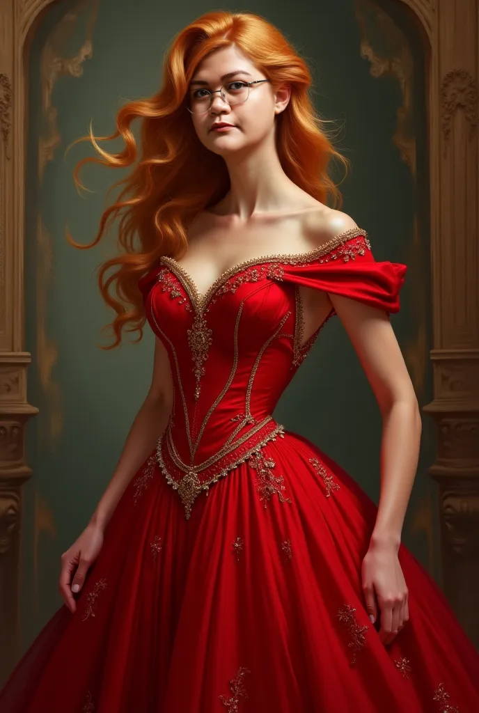 Make her elegant dress and blonde color red hair