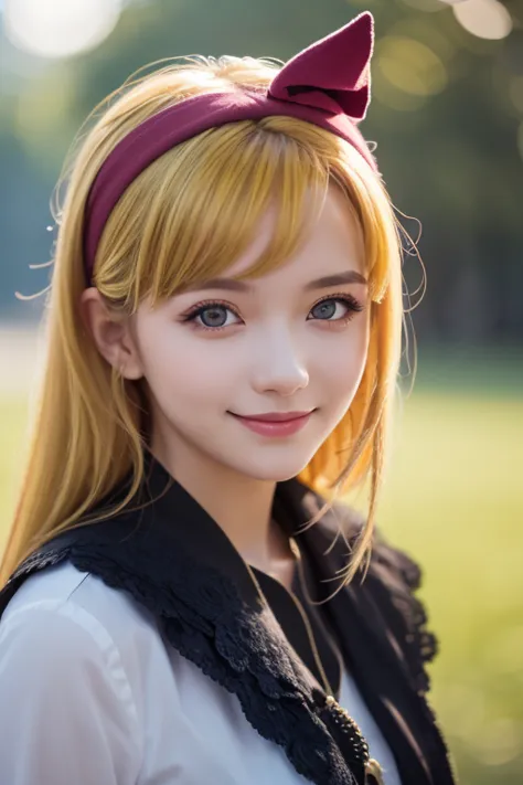 Masterpiece,  best quality ,  best quality , (  intricate detail :1.2),  beautiful eyes,  1 girl, Alone, Outdoors,  blue sky, cloudy, Bokeh,  lens flare, anamorphic  lens flare,  allows depth of field ,  enchanting face ,  bewitching smile, {{heanna_violet...