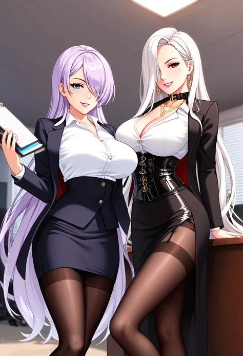 Nutation_9, puNutation_8, puNutation_7,  source  _  animated, 1mature_FE, 2 Womenes de frente, (jeFE de una empresa:  smile, pink lip, black dog collar, elegant gold chain necklace, office clothing, black cloth skirt,  very long black jacket , white office...