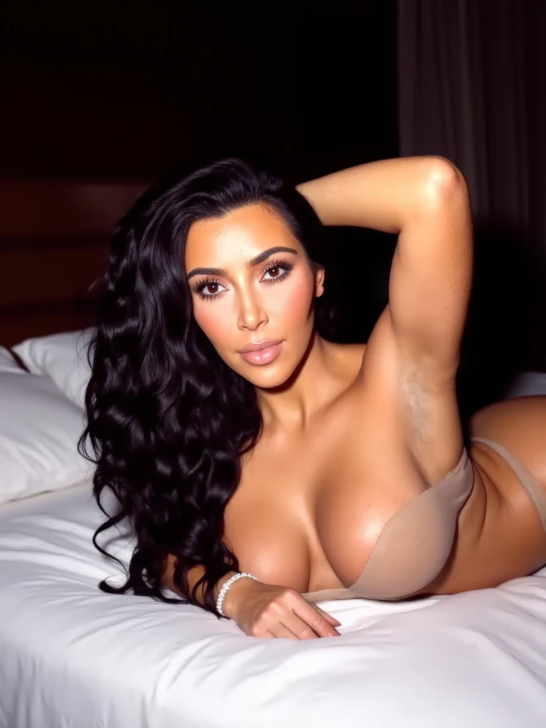 Hyperrealistic photo of a naked young Kim Kardashian with a wet body, with her laying on the bed prone style, side front view, hands behind her head doing a sultry pose, with a curvy body shape, thicker waist, Thicker Buttocks, Hourglass figure, Thicker Th...