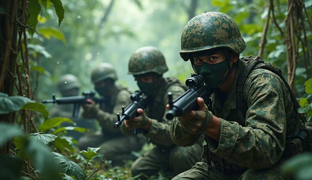 Japanese soldiers in camouflage preparing an ambush in thick jungle foliage.