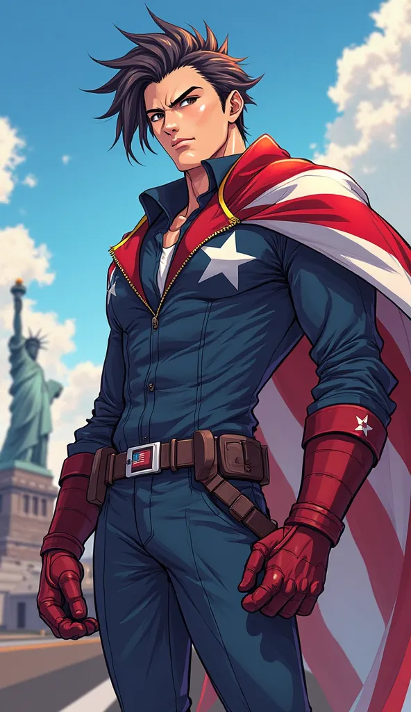 "Create an anime-style male character that embodies the essence of the United States. He should have a strong, confident, and charismatic presence, representing the nation’s values of freedom, ambition, and resilience. His outfit should incorporate element...