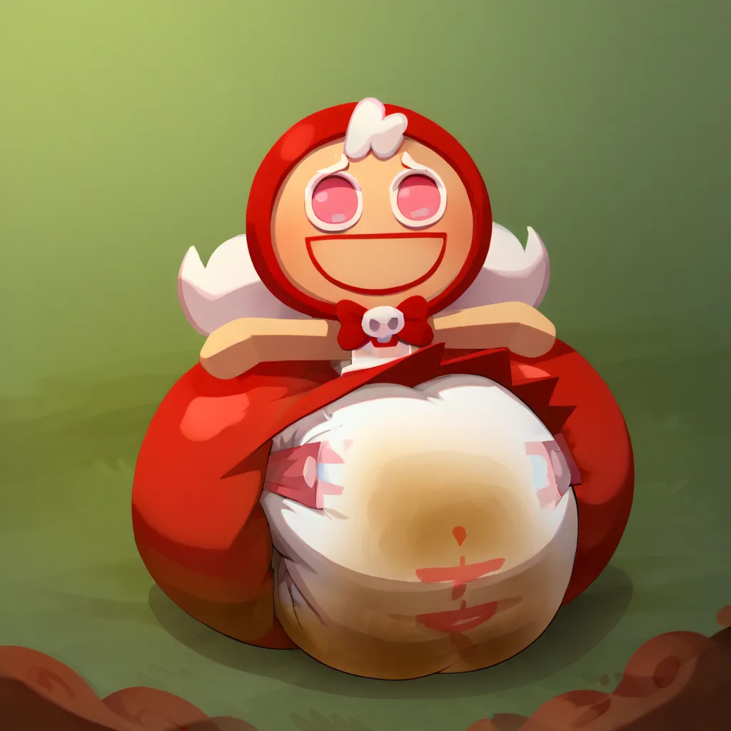 score_9_up, score_8_up, BREAK, CherryCookieRun, 1girl, solo, white hair, pink eyes, red hood, sleeveless dress, red dress, chibi, upper body, forest, smile, big hips, big diaper, messy diaper, enormous saggy bulging diaper, diaper keeps getting bigger and ...