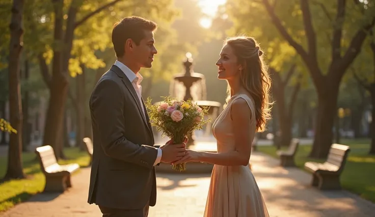 In a quiet, sunlit park, a man and a woman share a tender moment. The man, dressed in a smart suit, holds out a bouquet of fresh flowers, his gaze warm and sincere. The woman, elegant and graceful, reaches out with a soft smile, her eyes reflecting the gol...