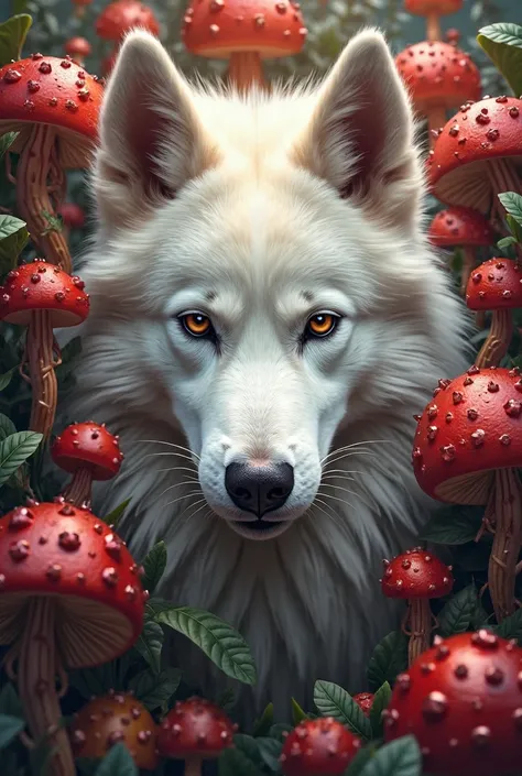 white husky with red dragon fruit portrait, more than one dragon fruit and mushrooms 
all around head mushrooms surrounding 