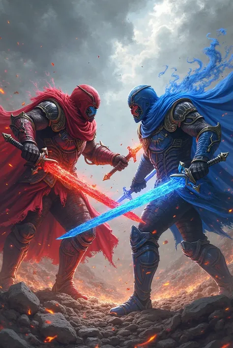 two people fighting, One using a bright red sword with red armor, and the other with a bright blue sword with iron armor with blue details 