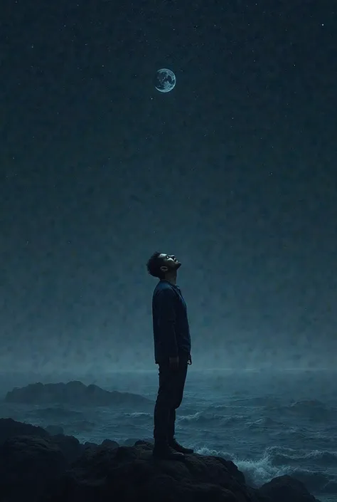 A man with his eyes closed and his face directed towards the sky and the sea below him and the darkness around him