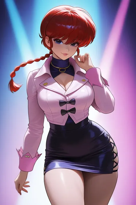 Ranma chan, red hair, blue eyes, thick thighs, shermie (king of fighters) costume, very short skirt, seductive pose