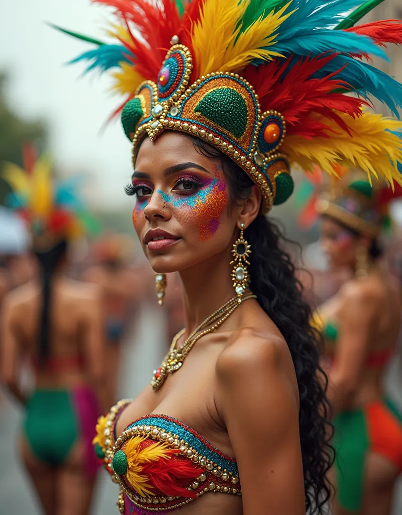 Brazilian woman at carnival on the streets with blurred background