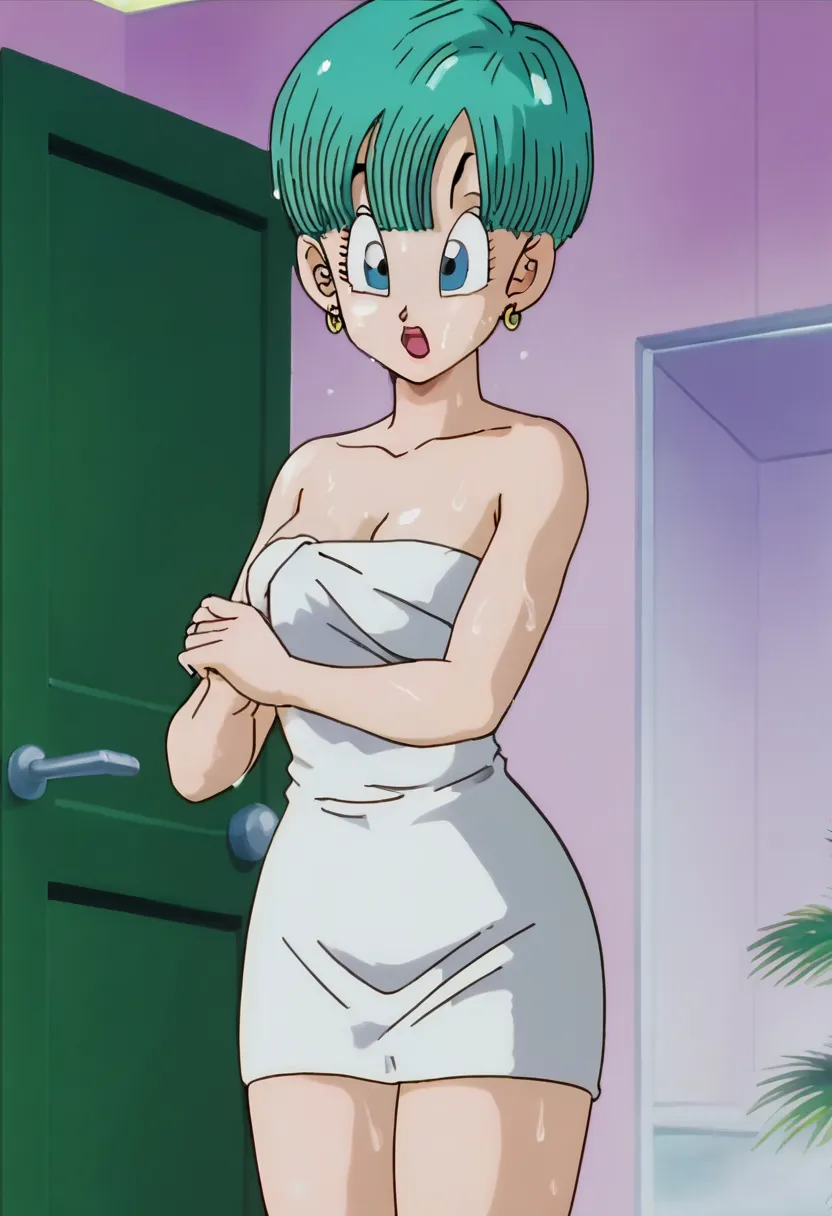 source_anime, score_9, score_8_up, score_7_up, anime screencap, bulma buu saga, medium breasts, perfect body, perfect Hips, beautiful legs, beautiful body, 
buu saga, aqua hair, very short hair, bowl cut, blue eyes, wearing bath towel, wet hair, shocked, o...