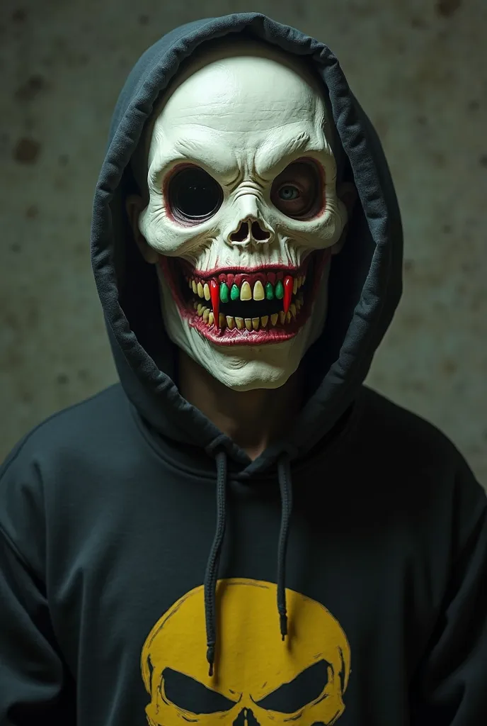 bone branco , mask with red and green teeth that does not cover the eye , black sweatshirt with yellow skull