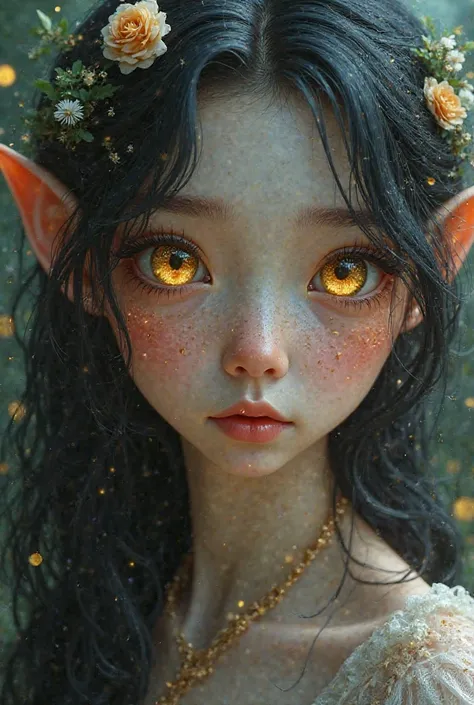 A  girl half fairy half elf with magical transparent golden eyes with long and half curly jet-colored hair, ivory-colored skin,  freckles on the face, huge eyes 