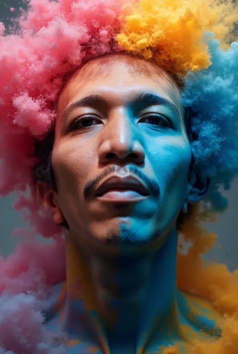 Front view representation close up full body of Metamorphosis through swirling gases, smokes, fluid, gelatinous liquid fractals, colorful vapour: two face of a half-asian man  and half-wereman with a colorful atypic face and a lot of colorful paint, portra...