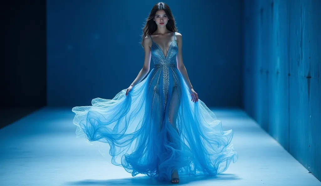 A graceful model in a long, flowing blue dress with wave-like patterns that shimmer as she moves. The fabric reflects light, creating an illusion of water. She glides across the runway, her expression serene. The background is a deep blue, with soft lighti...