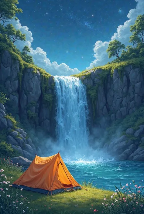 Waterfall with lawn on the left and a camping tent starry sky in the background 