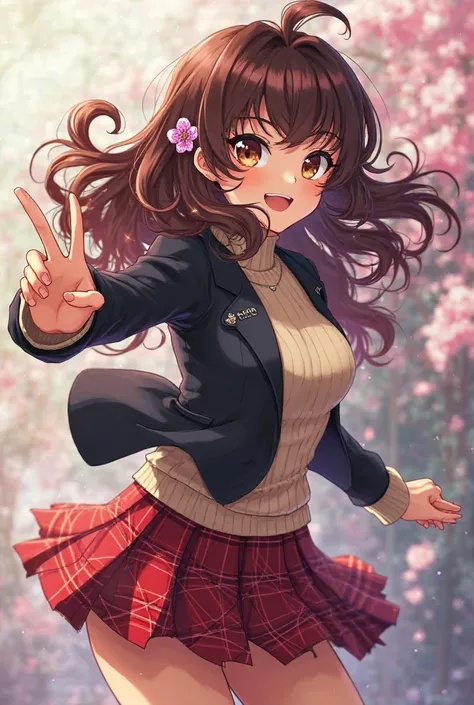 I want an image of this character in a persona 5 art style in a pose 
She has tan skin
**Hair**: dark brown reddish hair color 20 Inch- Long-Curlyhair Bangs  
**Eyes**: Large and hazelnut color, typical of anime eyes, adding a touch of sparkle and liveline...