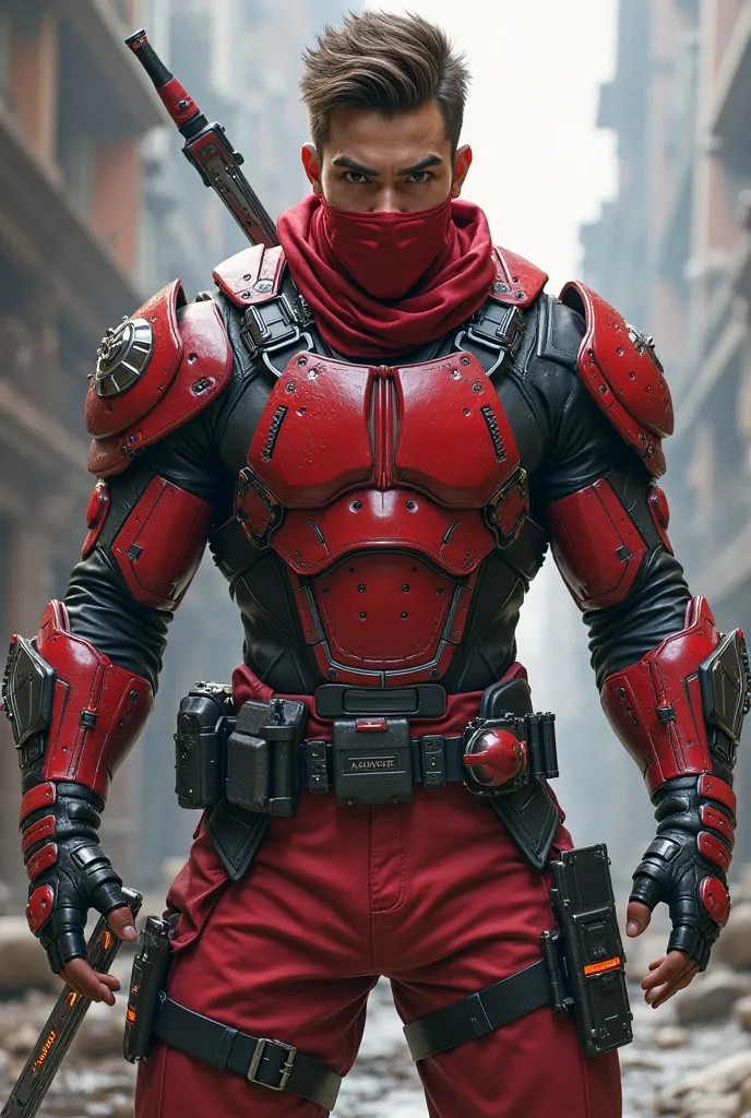 "A fierce young warrior with an athletic and battle-ready physique, clad in a striking red and black tactical outfit, stands poised for combat. His face is partially concealed by a bold red mask that covers his eyes and nose, leaving his mouth and jawline ...