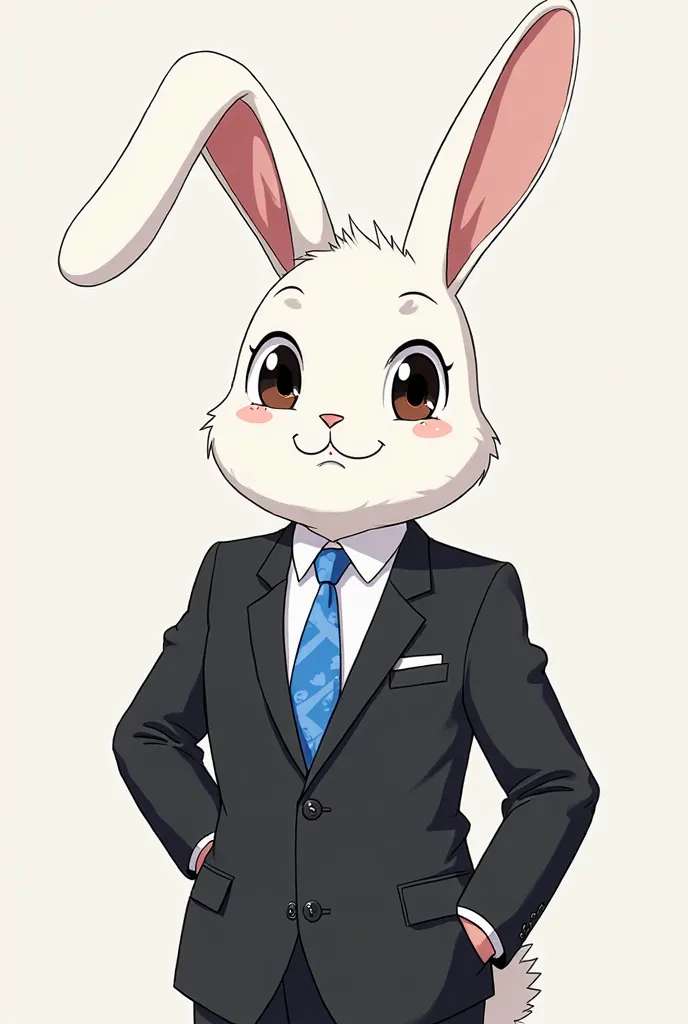 Create an image of a white humanoid rabbit in a black suit with a blue tie with white polka dots in 2D stylized like anime as if it were an adult character