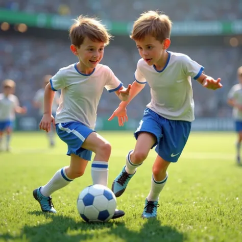 Two boys in white jerseys and sports blue underpants playing football on green football field, other players in the distance