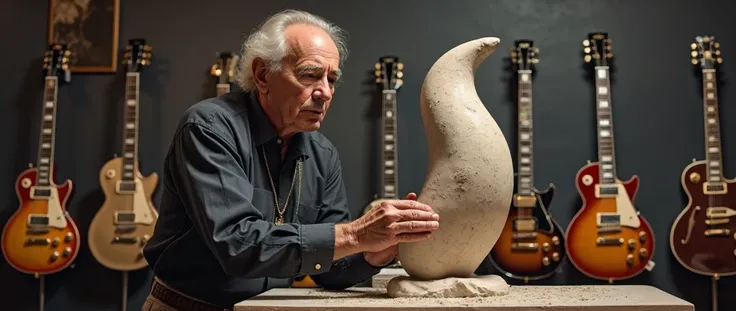  Les Paul's studio . Les Paul sculpting an artwork about the Moon in the foreground. In the background, several several Les Paul guitars. 