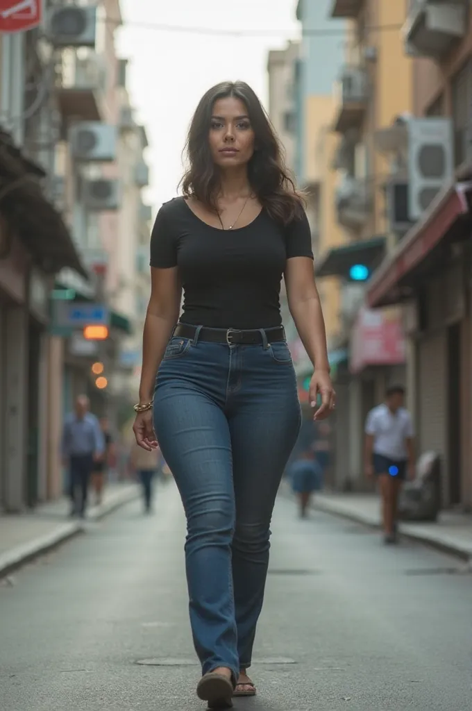 Petite woman, , small stature, Small breasts, wide waist, big butt  , wearing a pair of jeans and a black top, walking down the street with no people around, full body photo,