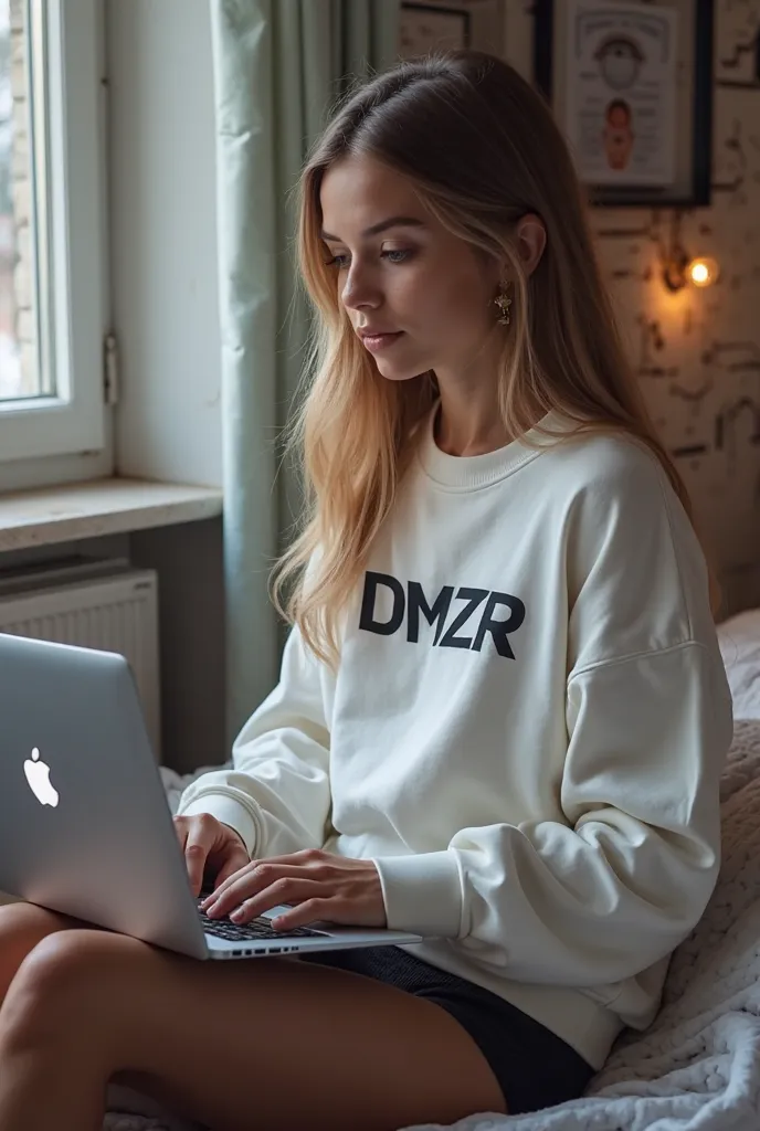 Realistic 10-meter portrait of a beautiful girl sitting programming on her notebook in her bedroom, wearing a large all-white sweatshirt written DMZR and wearing black panties, in your technology-themed room.  