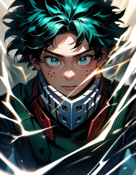 1boy, male focus, midoriya izuku, boku no hero academia, injury, electricity,, masterpiece, best quality, very aesthetic, absurdres