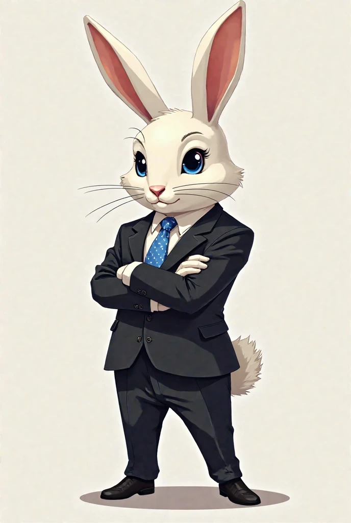 Create an image of a white humanoid rabbit in a black suit with a blue tie with white polka dots in 2D stylized like anime as if it were an adult character and a little less cuddly