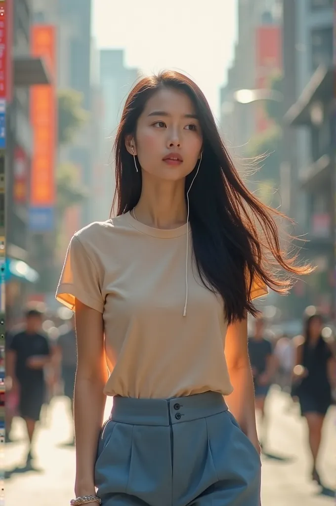 A beautiful Asian woman with long straight hair unraveled softly wears a beige gradient T-shirt and blue trousers walks while listening to music on the street in a crowded city realistic picture full hd best quality 5D 65k clear symmetrical light 