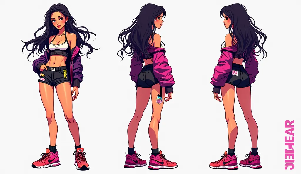 A full body length character sheet image with three distinct views: front, side and rear, every pose wearing same clothes, a sexy female hip hop Singer , urban style that likes rap and it shows in her clothing, her while her wide Nike sneakers from the 90&...