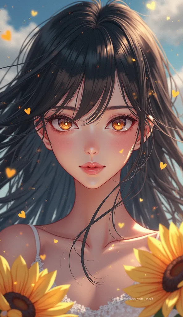 Anime Style Women's Long Black Hair Fringe Falling Between Eyes Stay Active Infinity Sunflower Flying Hearts