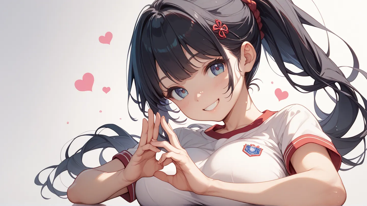 1 girl、cute、younger sister、 black hair long hair、simple background、Ponytail、 elementary school student、Big Breasts、 shake hands、fine、 has red cheeks、smile、 jump