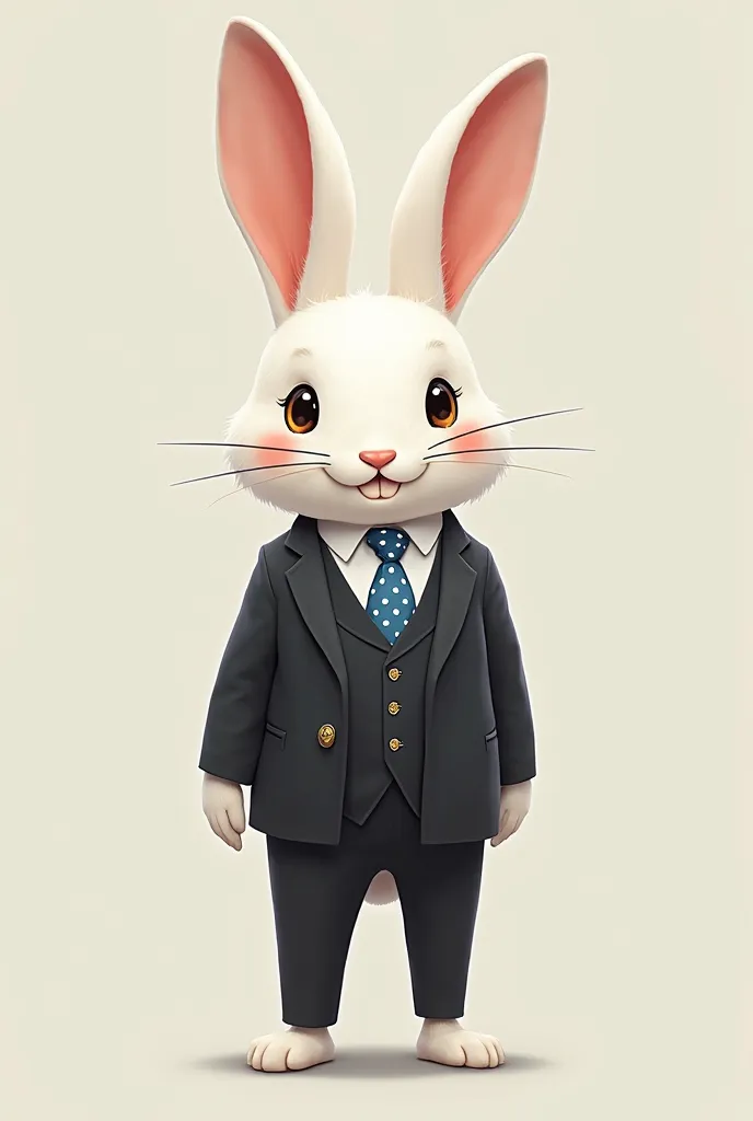 Create an image of a white humanoid rabbit in a black suit with a blue white polka dot tie in 2D