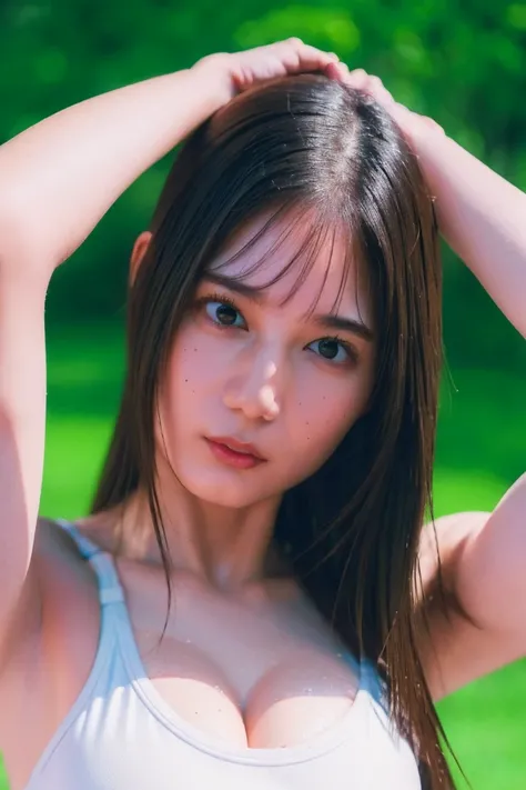 (best quality:1.4), (ultra highres:1.2), (photorealistic:1.4), (16k, RAW photo:1.2),(portrait shot:1.3), bmangpor, 1girl, solo, long hair, brown hair, upper body, half body, white smooth armpits, arms up, sports bra,  big breast, athletic muscles, neutral ...