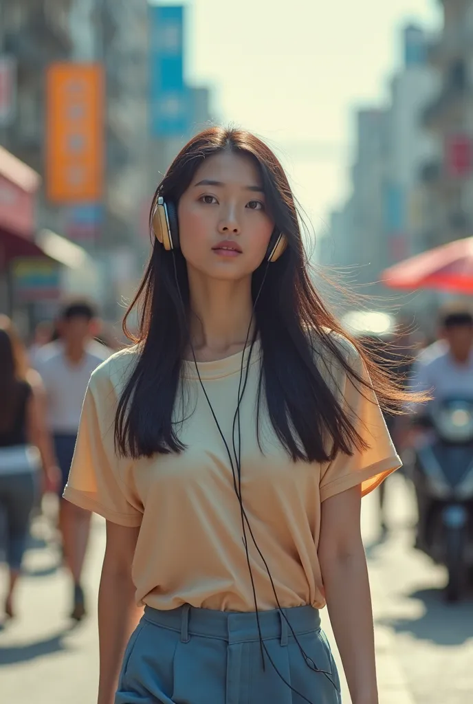 A beautiful Asian woman with long straight hair unraveled softly wears a beige gradient T-shirt and blue trousers walks while listening to music on the street in a crowded city realistic picture full hd best quality 5D 65k clear symmetrical light 