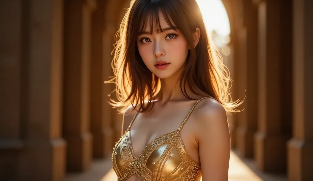 A dazzling model in a golden metallic outfit shaped like sun rays. The costume is intricate, with sharp, angular designs that catch the light. She walks confidently, her outfit glowing against a dark background. The lighting is warm and radiant, creating a...