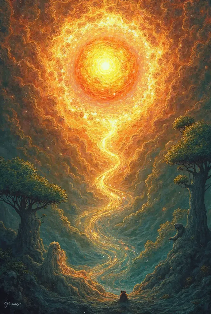 Sun intertwined with energy flow, paths of evolution,  harmony and balance  