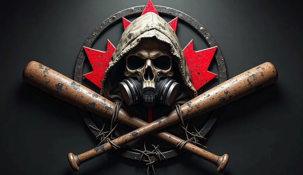 A highly detailed, photorealistic emblem for a Canadian mercenary unit. At the center, an aggressive, battle-worn skull wearing a tactical gas mask with dark lenses and rugged filters, partially concealed beneath a tattered, shadowy hood. The hood drapes o...