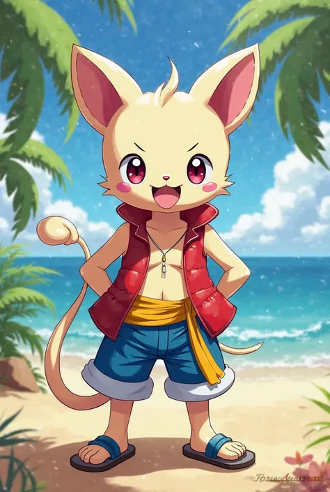 Mew(pokemon) con ropa de monkey.d.luffy 